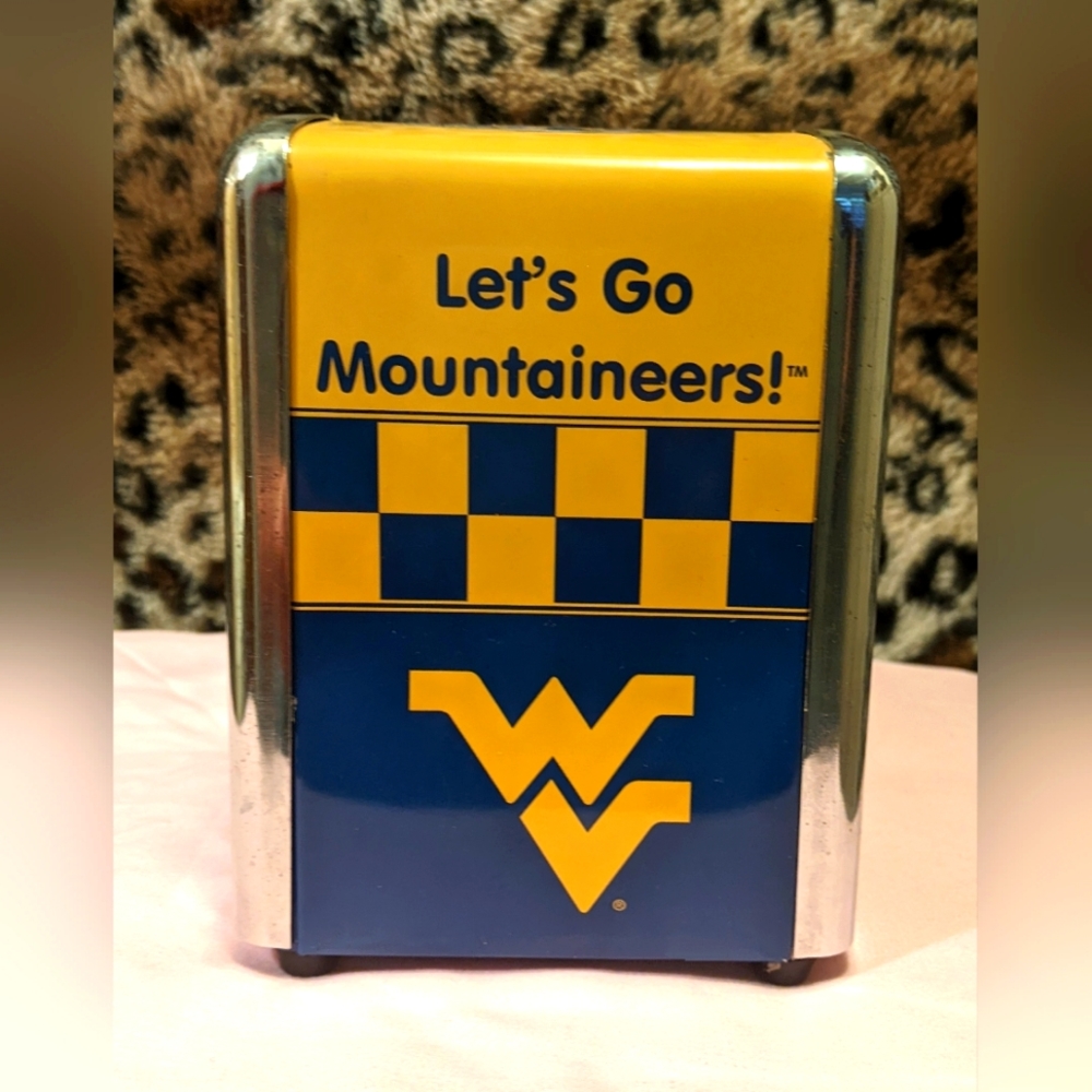 West Virginia Mountaineers napkin holder. Blue & yellow silver